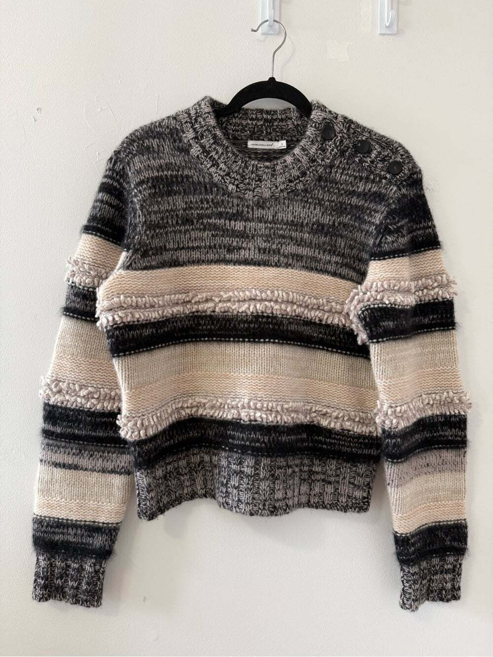 Unsubscribed Cashmere Raccoon Hair Chunky Striped Button Crew Sweater